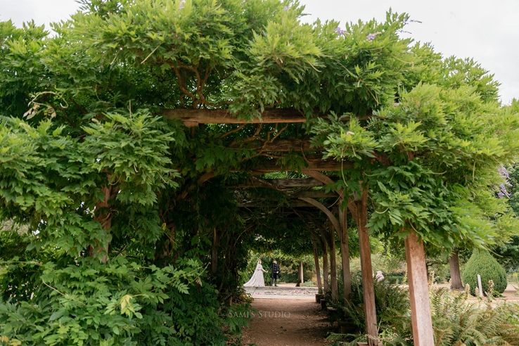 A couple stands between the wisteria pergolas in the Pleasure Gardens. 