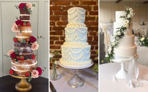 A collage of multi-tiered cakes.