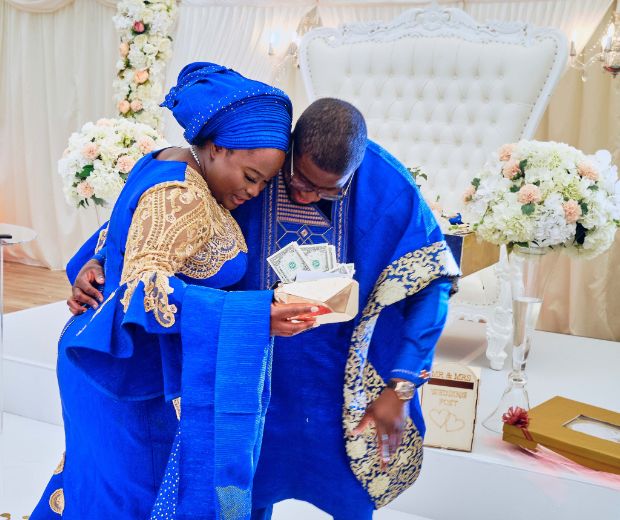 A bride and groom looking at an envelope of cash. 