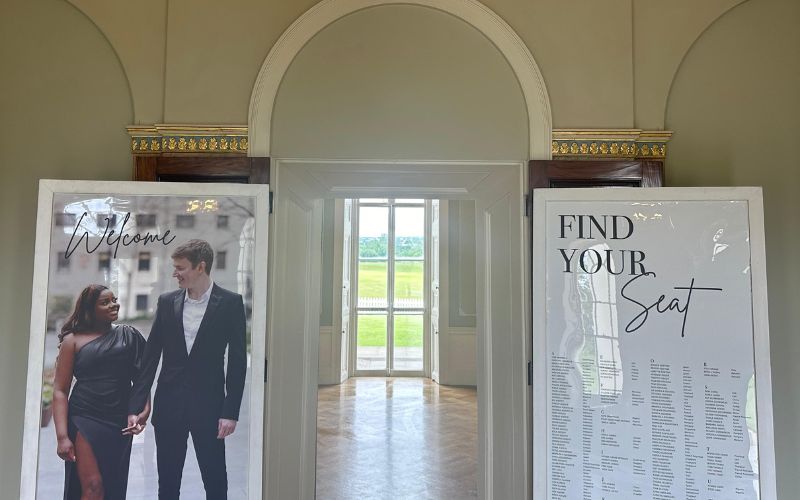 A photo of a bride and groom next to their seating chart.