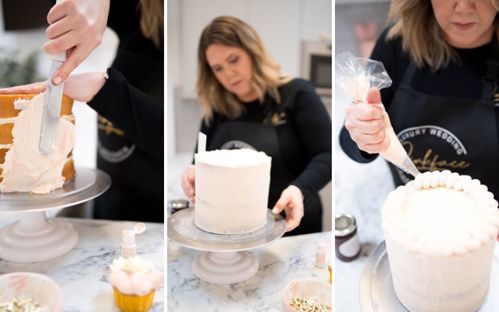 A collage of photos featuring Victoria decorating a cake
